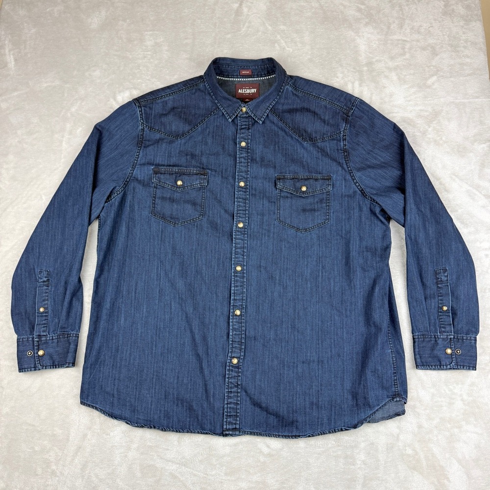 Alesbury Western Denim Shirt Mens XXL Blue Pearl Snap Dark Wash Regular Fit EUC